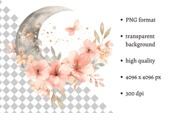 Download Watercolor Boho Floral Moon Clipart - Floral moon Collection