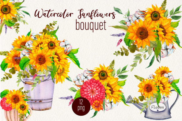 Download Sunflower and Cotton Watercolor Bouquet - Bouquet Collection