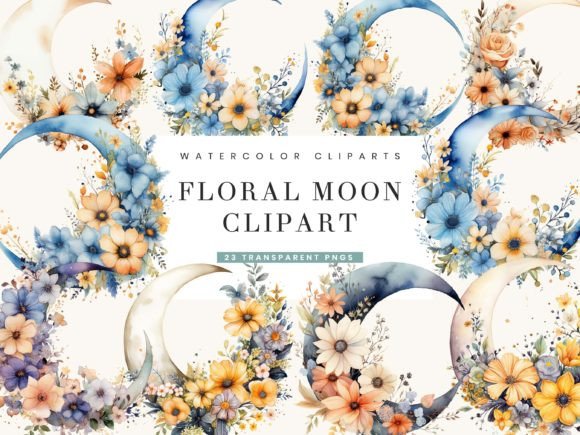 Download Watercolor Floral Moon Clipart - Floral moon Collection