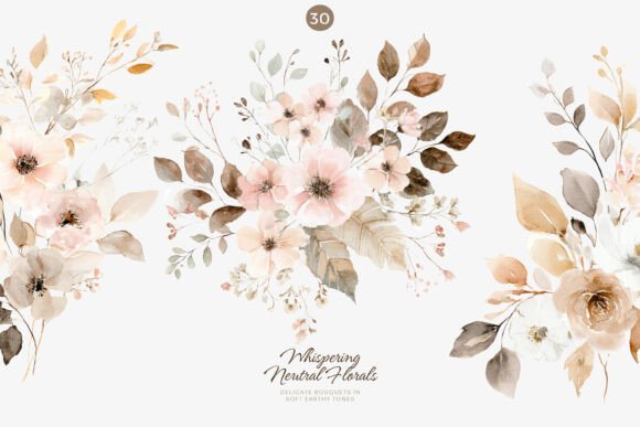 Download Neutral Florals, Watercolor Bouquet Set - Bouquet Collection
